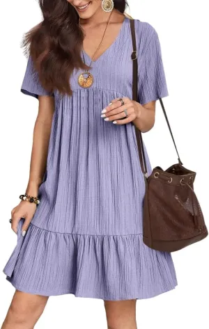 Flowy Dresses for Women Short Sleeve V-Neck Loose Dress Ruffle Pleated Swing A Line Beach Sundress