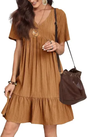 Flowy Dresses for Women Short Sleeve V-Neck Loose Dress Ruffle Pleated Swing A Line Beach Sundress