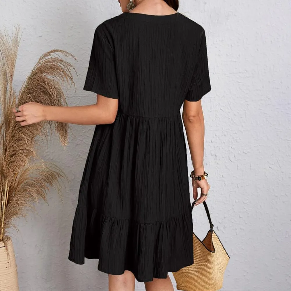 Flowy Dresses for Women Short Sleeve V-Neck Loose Dress Ruffle Pleated Swing A Line Beach Sundress