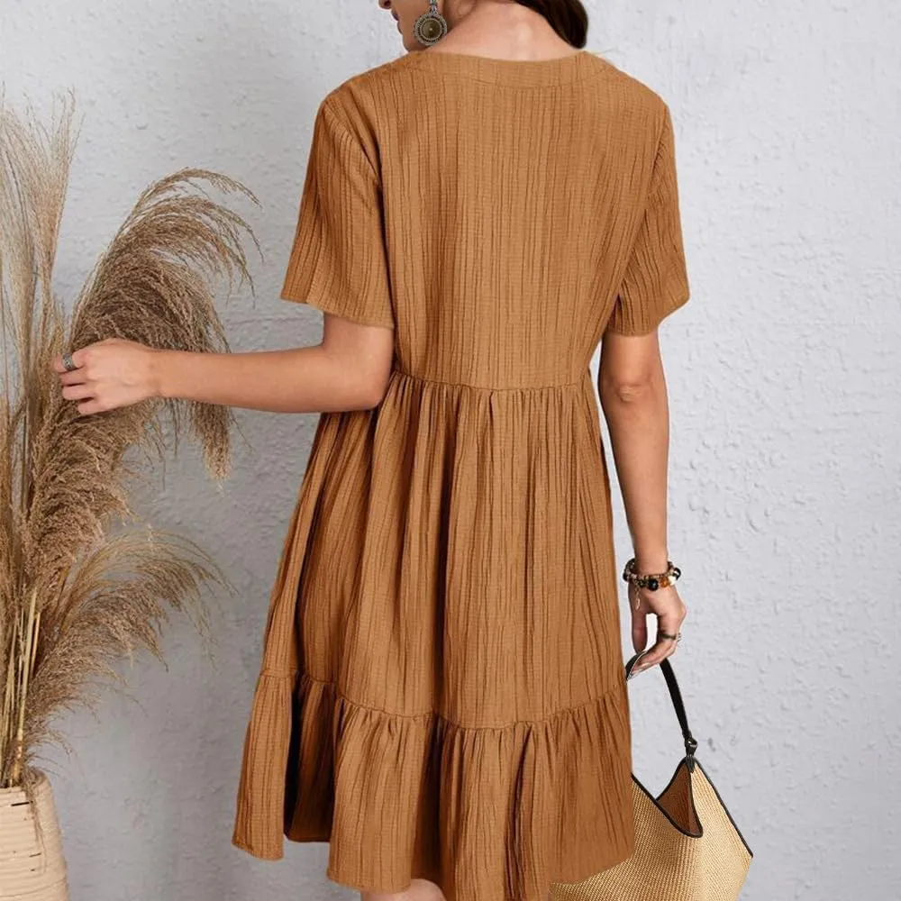 Flowy Dresses for Women Short Sleeve V-Neck Loose Dress Ruffle Pleated Swing A Line Beach Sundress