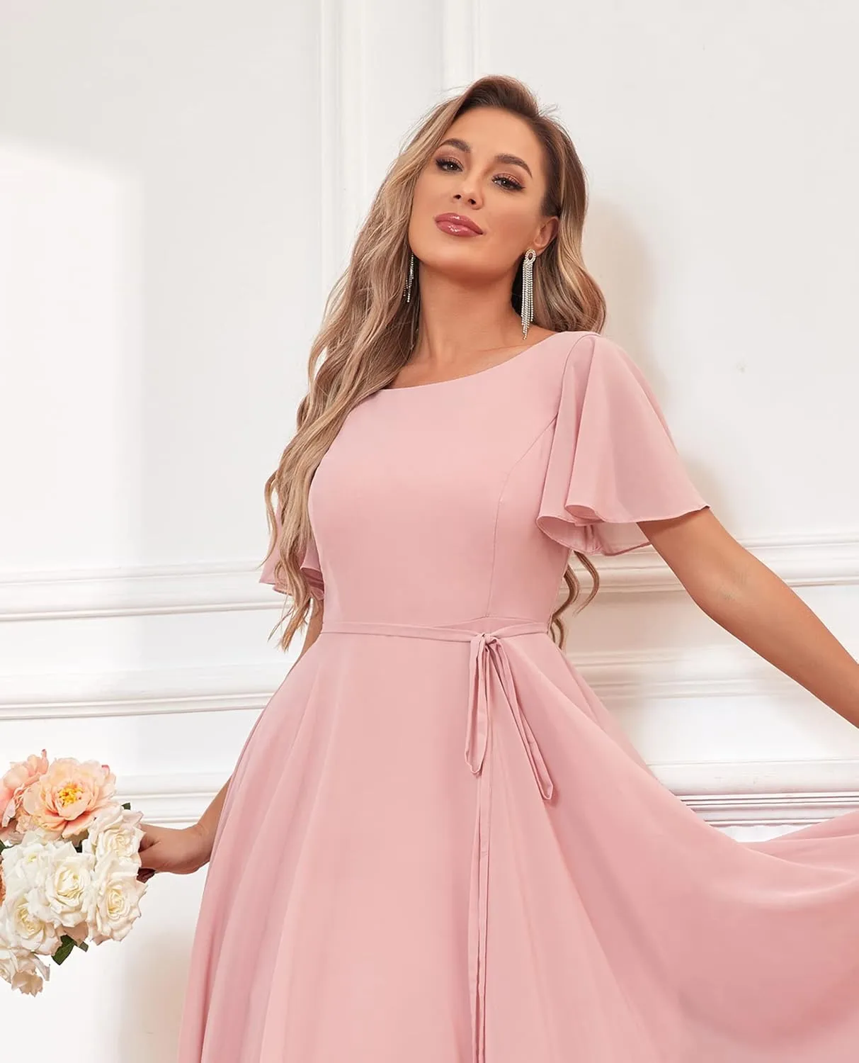Flutter Sleeve Short Bridesmaid Dresses with Pockets Sash Chiffon A-Line Boat Neck Formal Cocktail Evening Gown