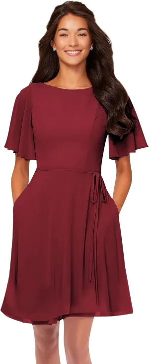 Flutter Sleeve Short Bridesmaid Dresses with Pockets Sash Chiffon A-Line Boat Neck Formal Cocktail Evening Gown