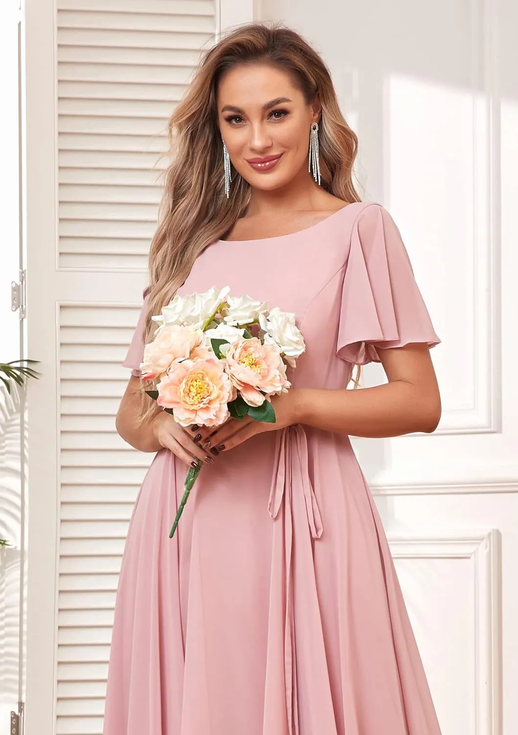 Flutter Sleeve Short Bridesmaid Dresses with Pockets Sash Chiffon A-Line Boat Neck Formal Cocktail Evening Gown