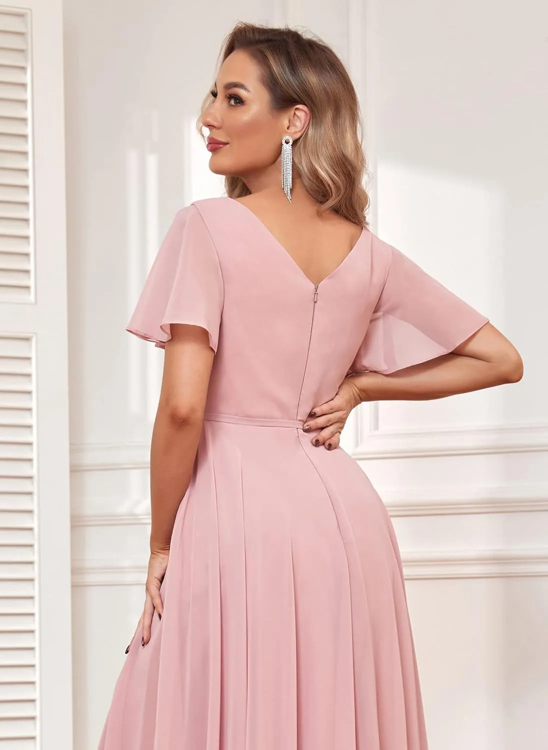 Flutter Sleeve Short Bridesmaid Dresses with Pockets Sash Chiffon A-Line Boat Neck Formal Cocktail Evening Gown