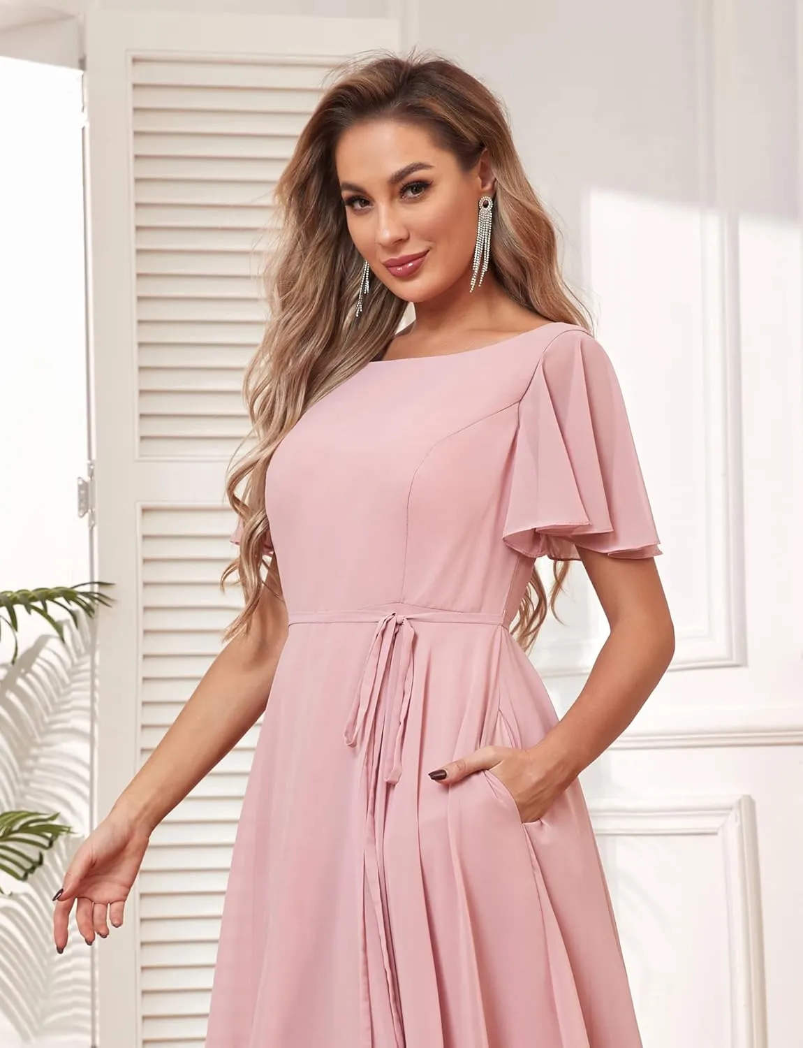 Flutter Sleeve Short Bridesmaid Dresses with Pockets Sash Chiffon A-Line Boat Neck Formal Cocktail Evening Gown