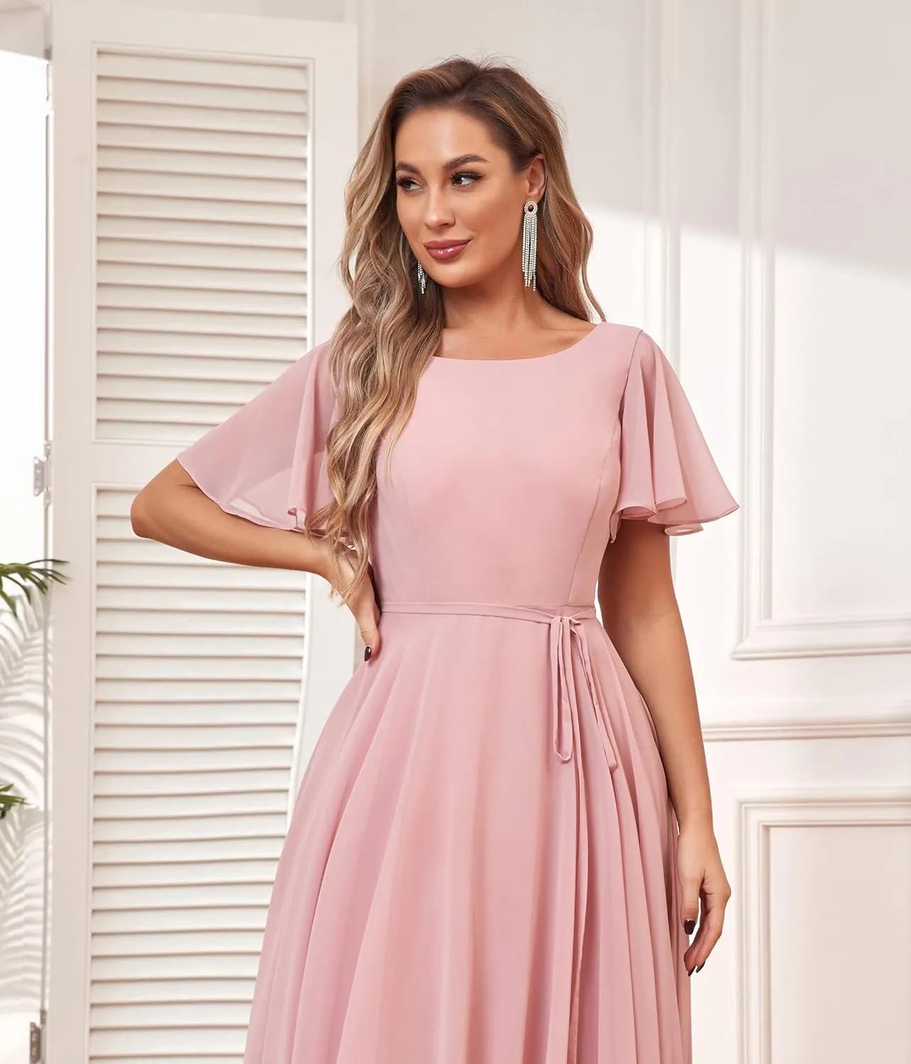 Flutter Sleeve Short Bridesmaid Dresses with Pockets Sash Chiffon A-Line Boat Neck Formal Cocktail Evening Gown