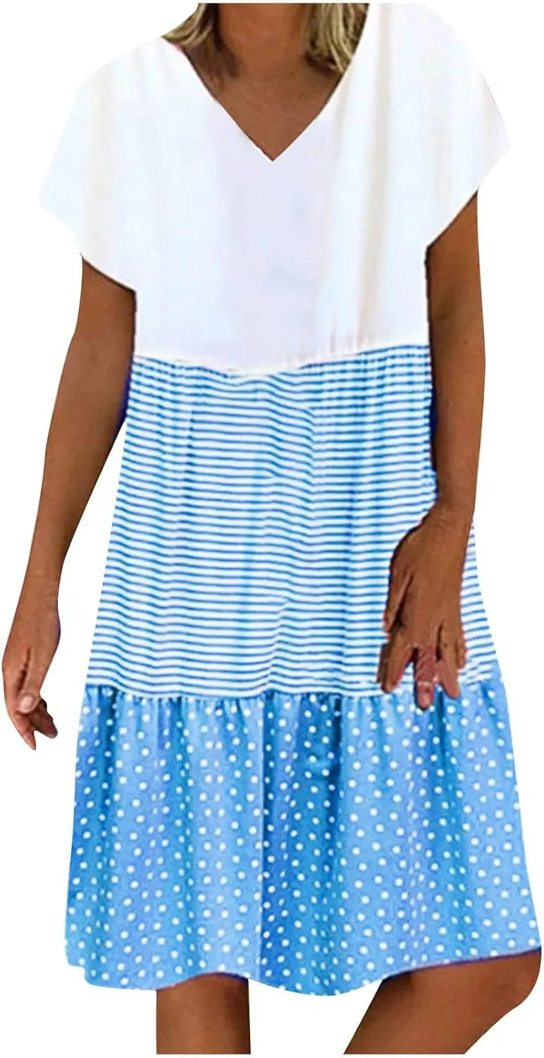 FZYLQY 2024 Plus Size Dress for Womens Polka Dot Striped Patchwork Tunic Dress Casual Summer Short Sleeve V Neck Sundresses