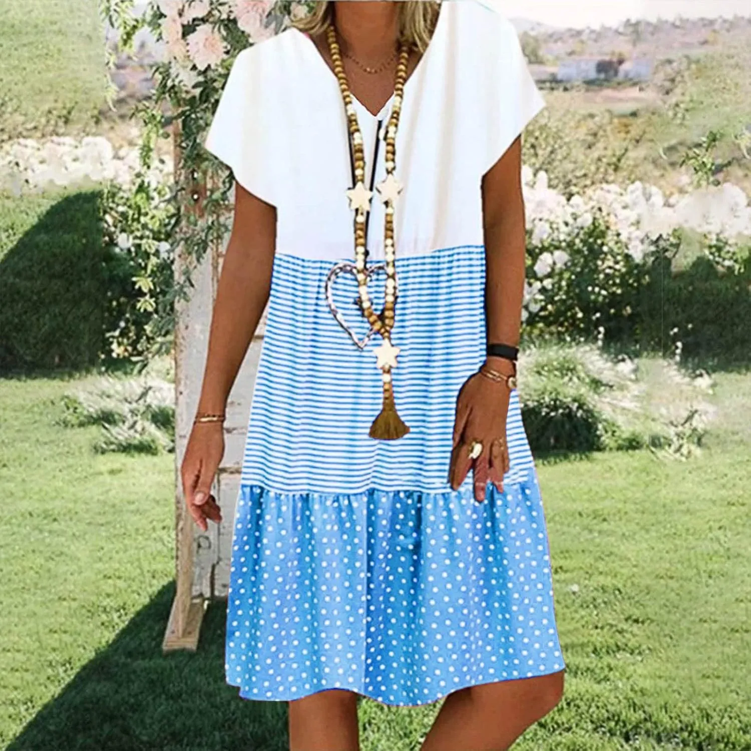 FZYLQY 2024 Plus Size Dress for Womens Polka Dot Striped Patchwork Tunic Dress Casual Summer Short Sleeve V Neck Sundresses