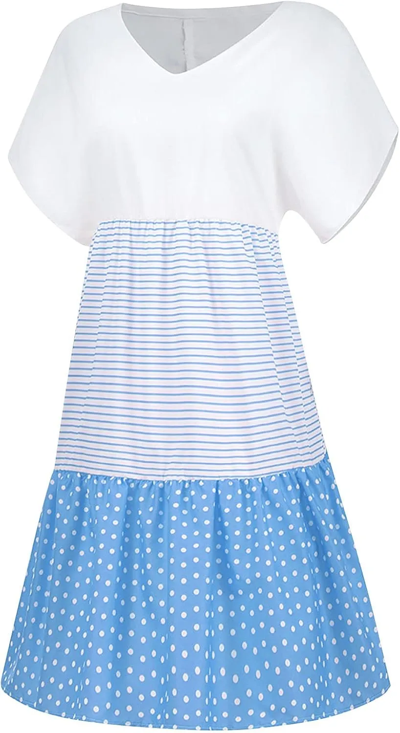 FZYLQY 2024 Plus Size Dress for Womens Polka Dot Striped Patchwork Tunic Dress Casual Summer Short Sleeve V Neck Sundresses