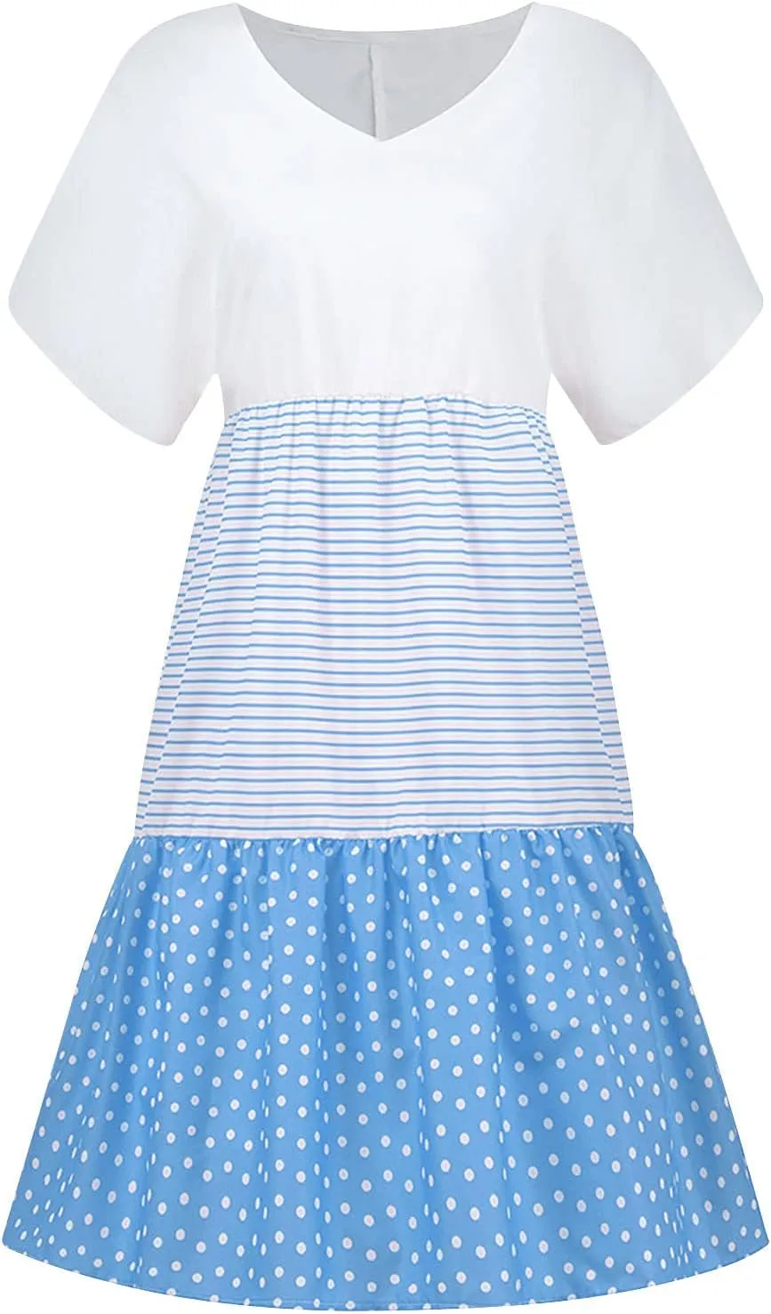 FZYLQY 2024 Plus Size Dress for Womens Polka Dot Striped Patchwork Tunic Dress Casual Summer Short Sleeve V Neck Sundresses