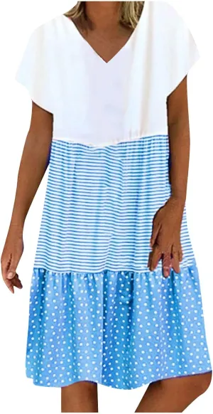 FZYLQY Summer Dresses for Womens 2024 Plus Size Beach Flowy Dresses V Neck Short Sleeve Color Block Patchwork Casual Dress