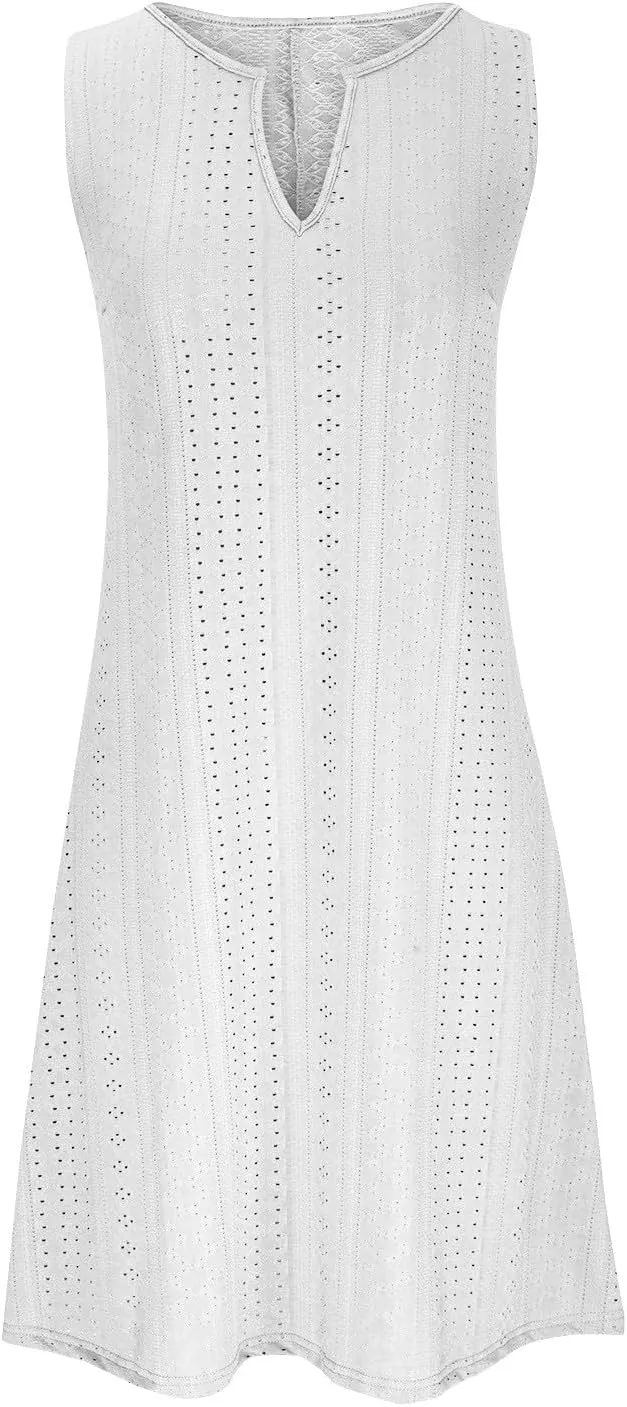 FZYLQY Women V Neck Eyelet Dresses Summer Casual Sundress Solid Sleeveless Knee Length Dress 2024 Casual Tank Tunic Sun Dress