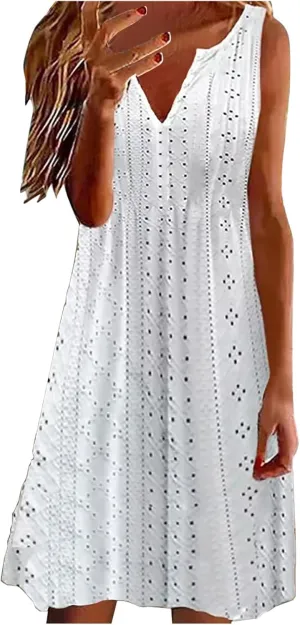 FZYLQY Women V Neck Eyelet Dresses Summer Casual Sundress Solid Sleeveless Knee Length Dress 2024 Casual Tank Tunic Sun Dress