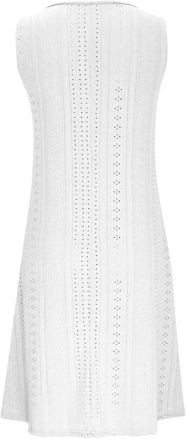 FZYLQY Women V Neck Eyelet Dresses Summer Casual Sundress Solid Sleeveless Knee Length Dress 2024 Casual Tank Tunic Sun Dress