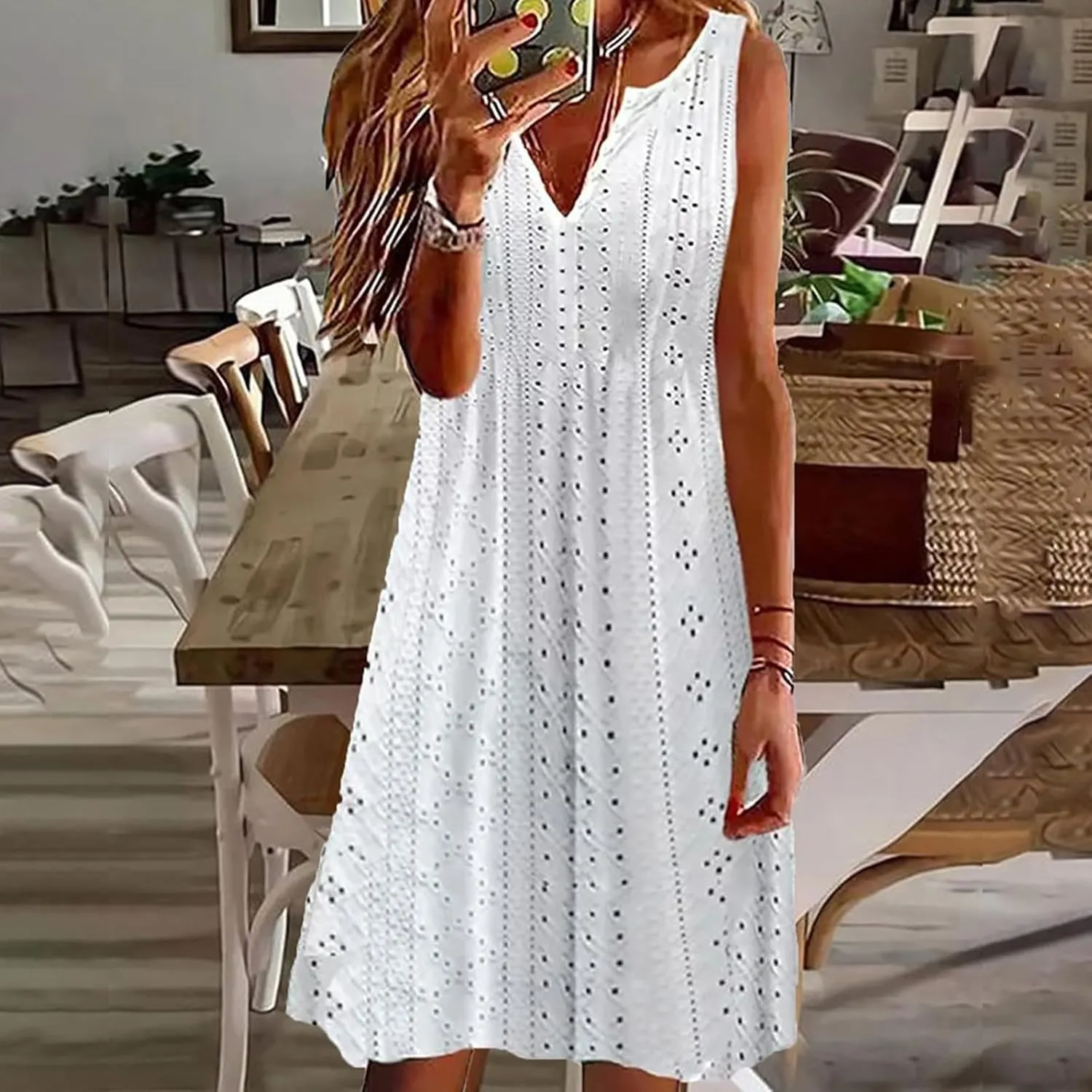 FZYLQY Women V Neck Eyelet Dresses Summer Casual Sundress Solid Sleeveless Knee Length Dress 2024 Casual Tank Tunic Sun Dress