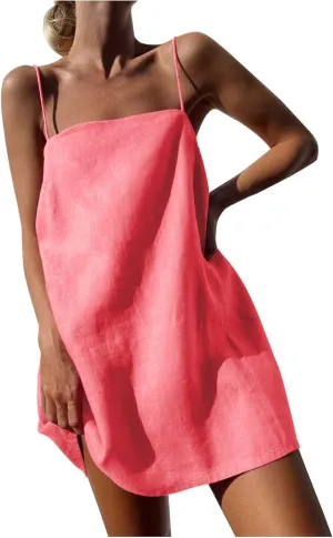 FZYLQY Womens Linen Spaghetti Strap Sleeveless Summer Mini Dresses Cute A-Line Back Zip Short Cami Dress Beach Party Sundress