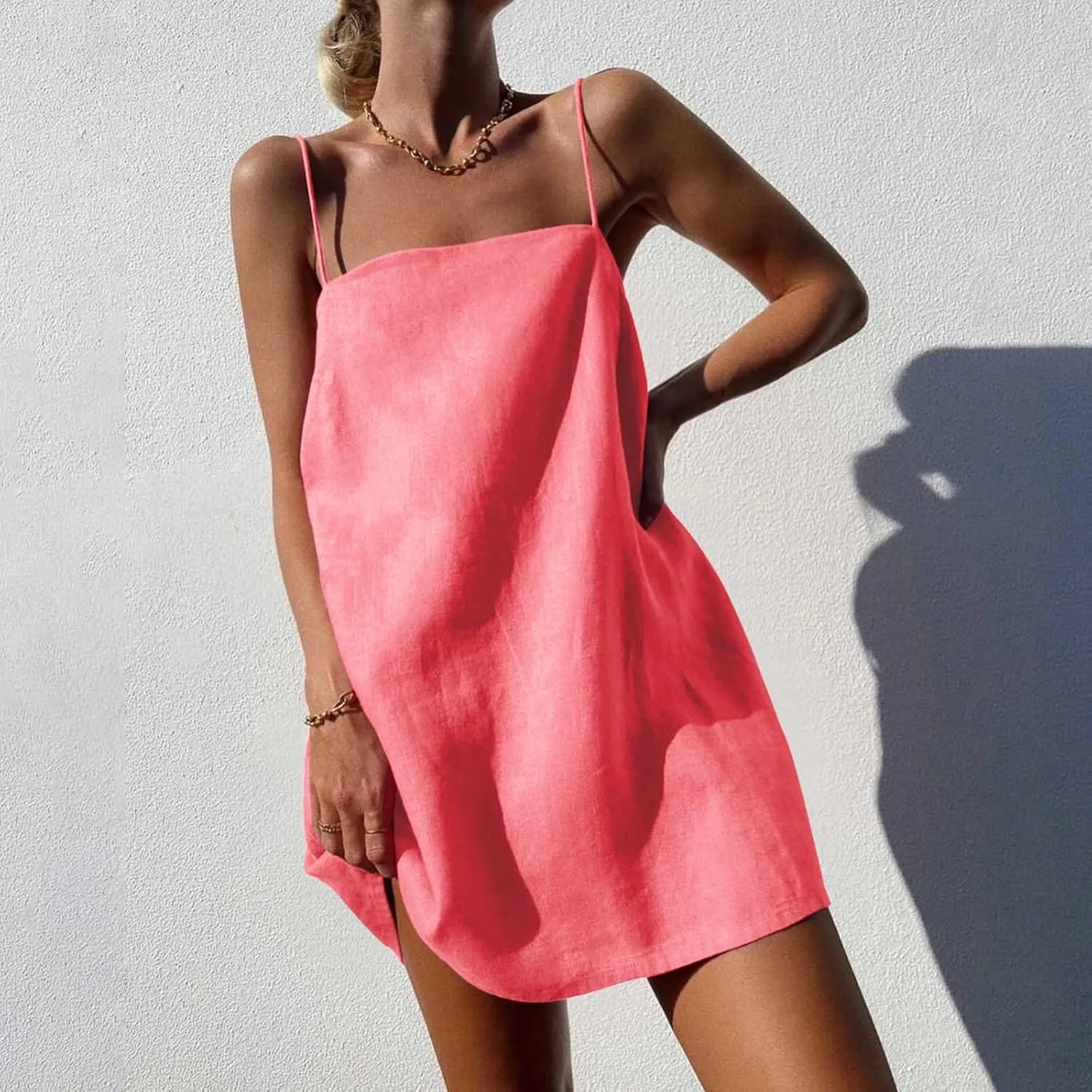 FZYLQY Womens Linen Spaghetti Strap Sleeveless Summer Mini Dresses Cute A-Line Back Zip Short Cami Dress Beach Party Sundress