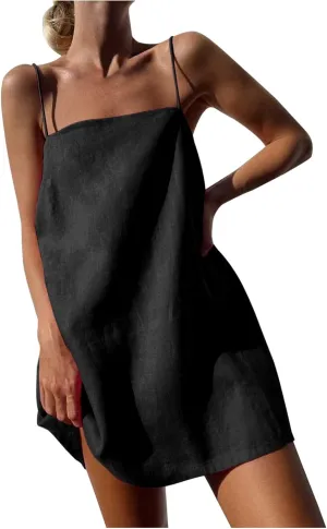 FZYLQY Womens Linen Spaghetti Strap Sleeveless Summer Mini Dresses Cute A-Line Back Zip Short Cami Dress Beach Party Sundress