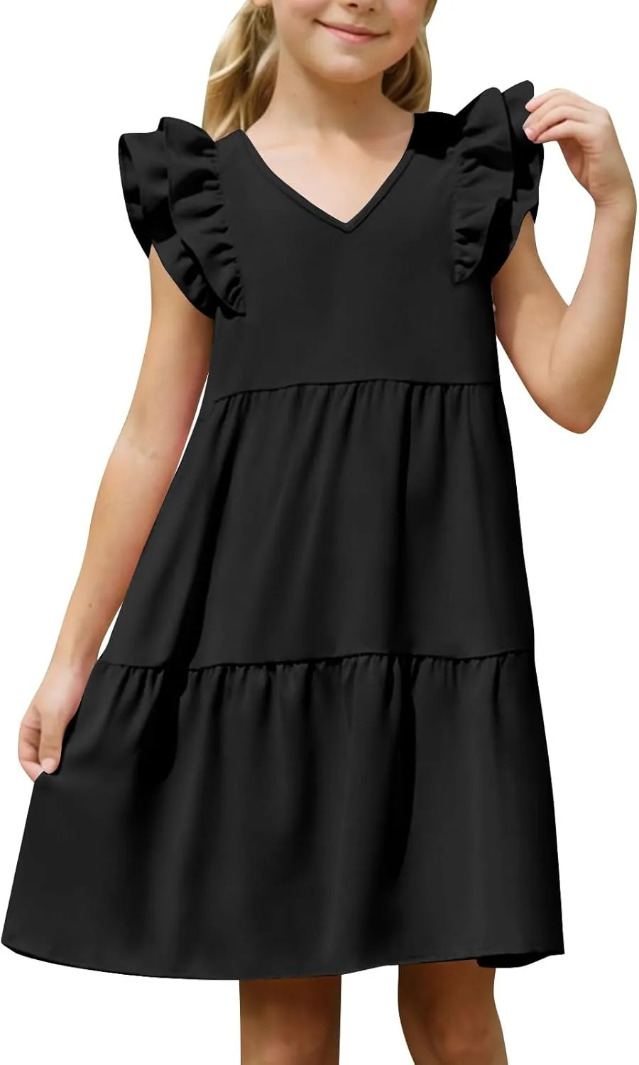 Girls Dresses Kids Trendy 2025 Summer Double Layer Ruffle Sleeve Dress Casual Solid Beach Sundress 5-14 Years