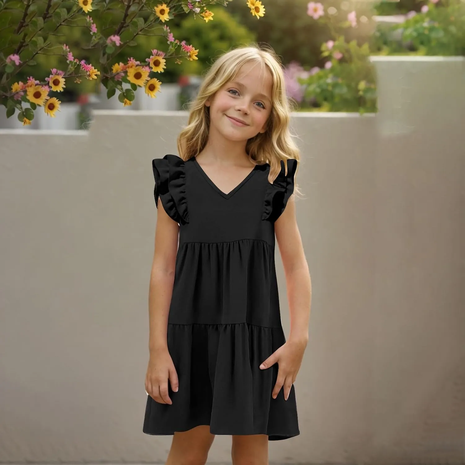 Girls Dresses Kids Trendy 2025 Summer Double Layer Ruffle Sleeve Dress Casual Solid Beach Sundress 5-14 Years