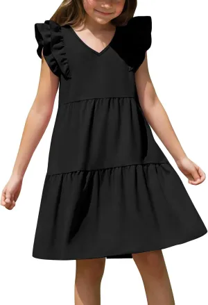 Girls Dresses Kids Trendy 2025 Summer Double Layer Ruffle Sleeve Dress Casual Solid Beach Sundress 5-14 Years