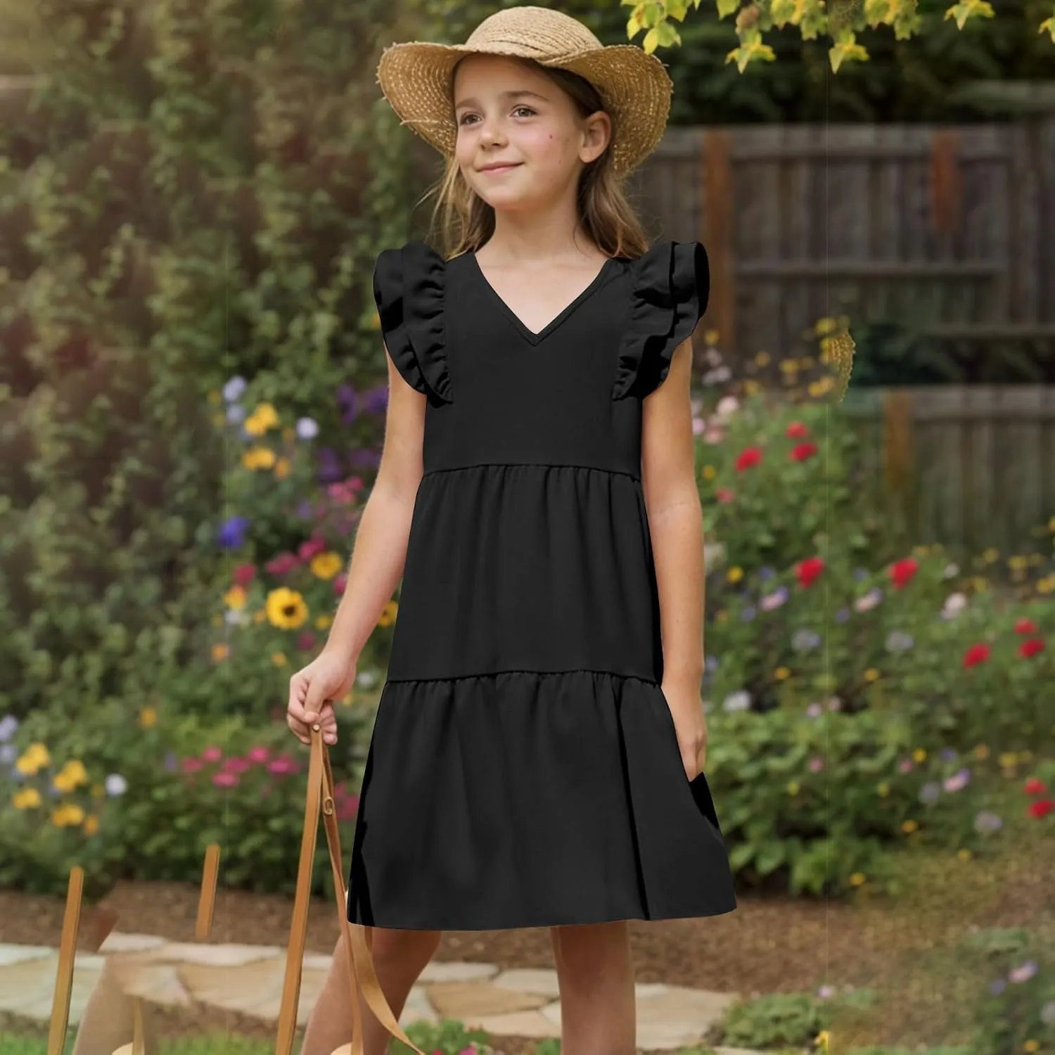 Girls Dresses Kids Trendy 2025 Summer Double Layer Ruffle Sleeve Dress Casual Solid Beach Sundress 5-14 Years