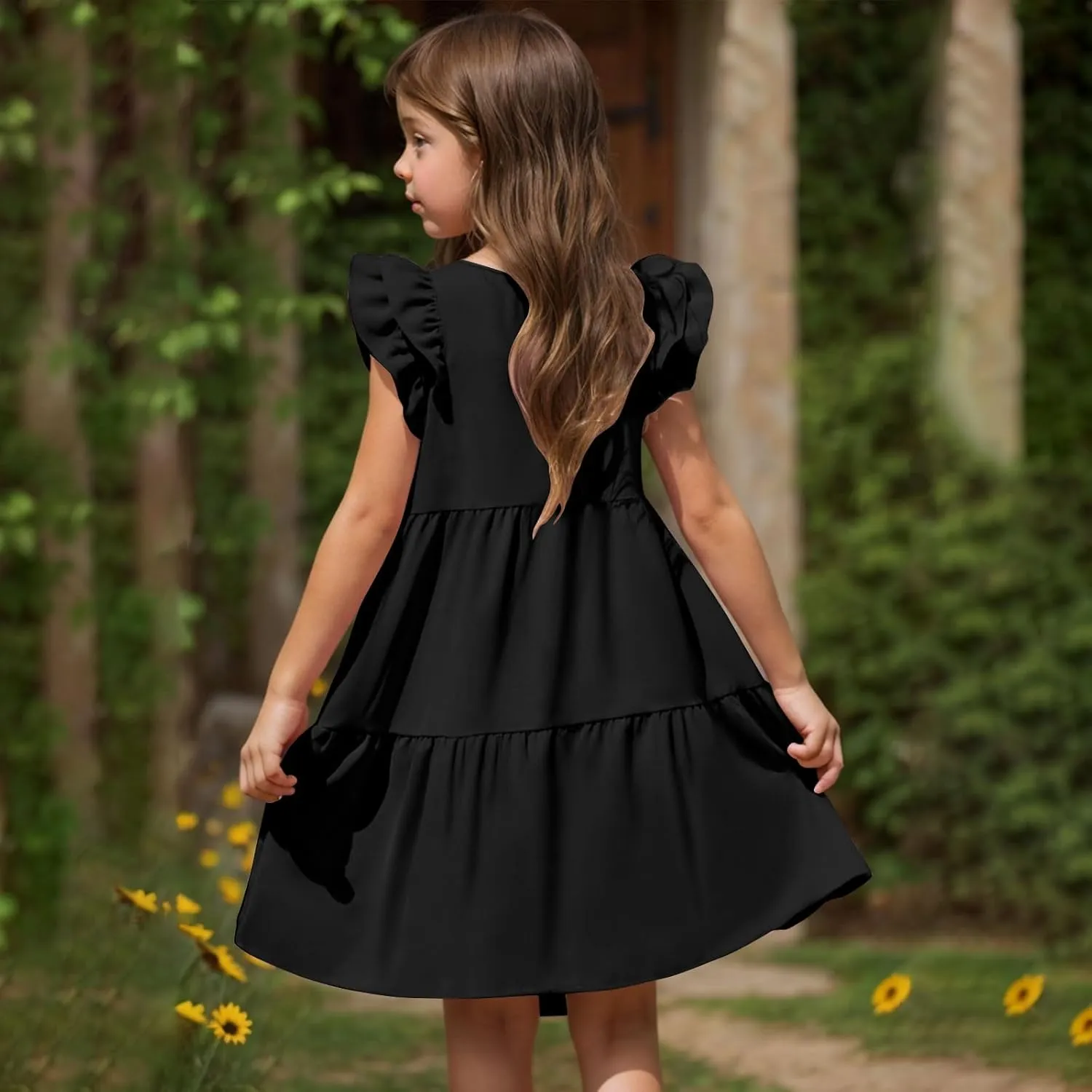 Girls Dresses Kids Trendy 2025 Summer Double Layer Ruffle Sleeve Dress Casual Solid Beach Sundress 5-14 Years