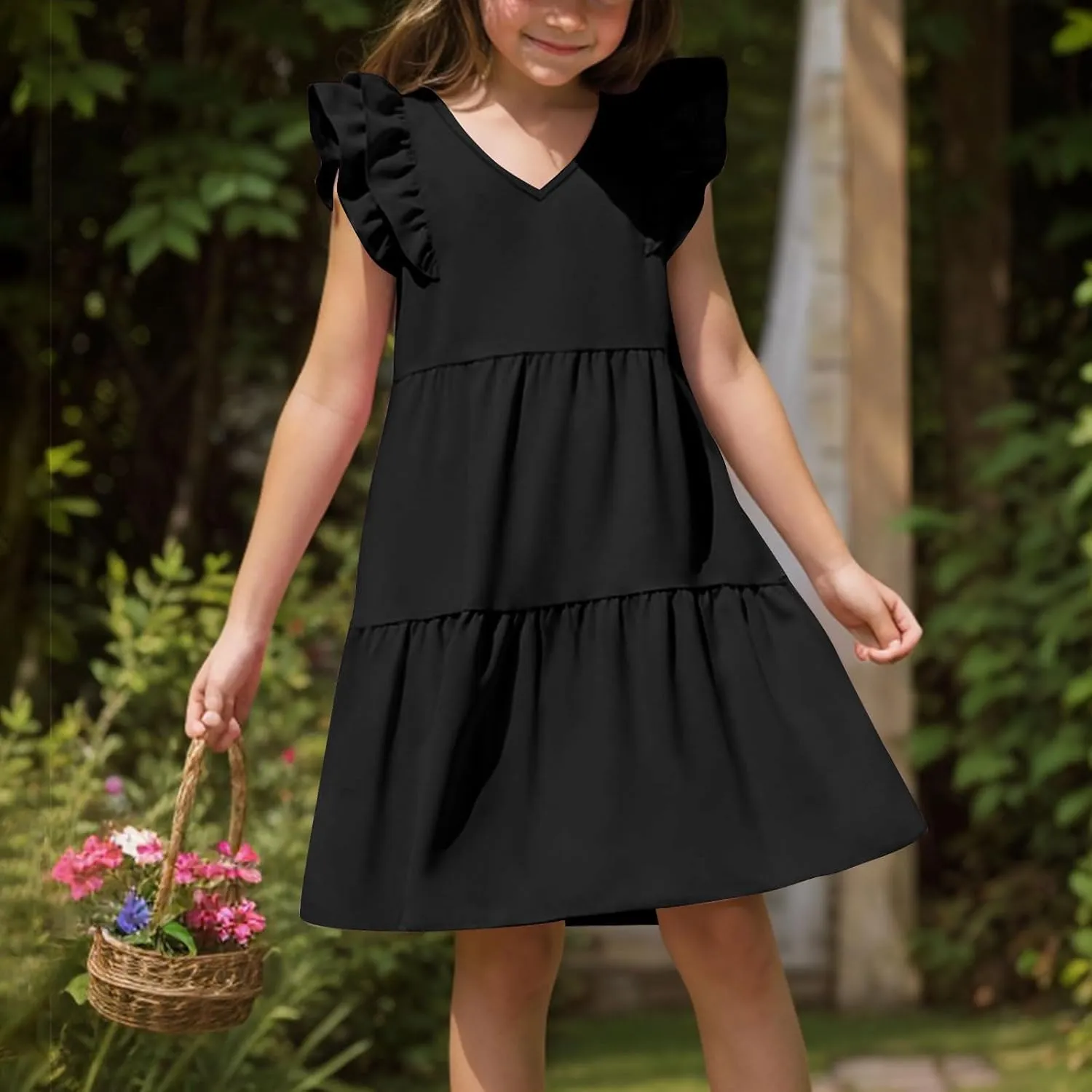 Girls Dresses Kids Trendy 2025 Summer Double Layer Ruffle Sleeve Dress Casual Solid Beach Sundress 5-14 Years