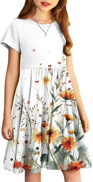 Girls Short Sleeve Dresses Casual Summer Floral Printed Dresses for Party Ruffle Hem a-Line Swing Sundress 4-14 Years