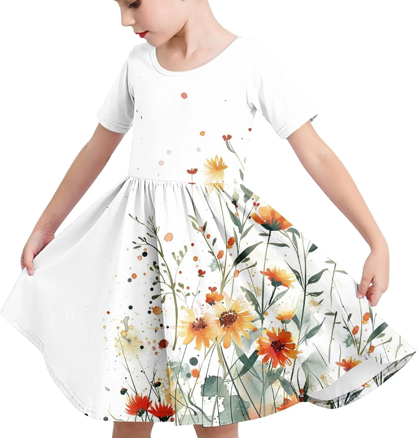 Girls Short Sleeve Dresses Casual Summer Floral Printed Dresses for Party Ruffle Hem a-Line Swing Sundress 4-14 Years