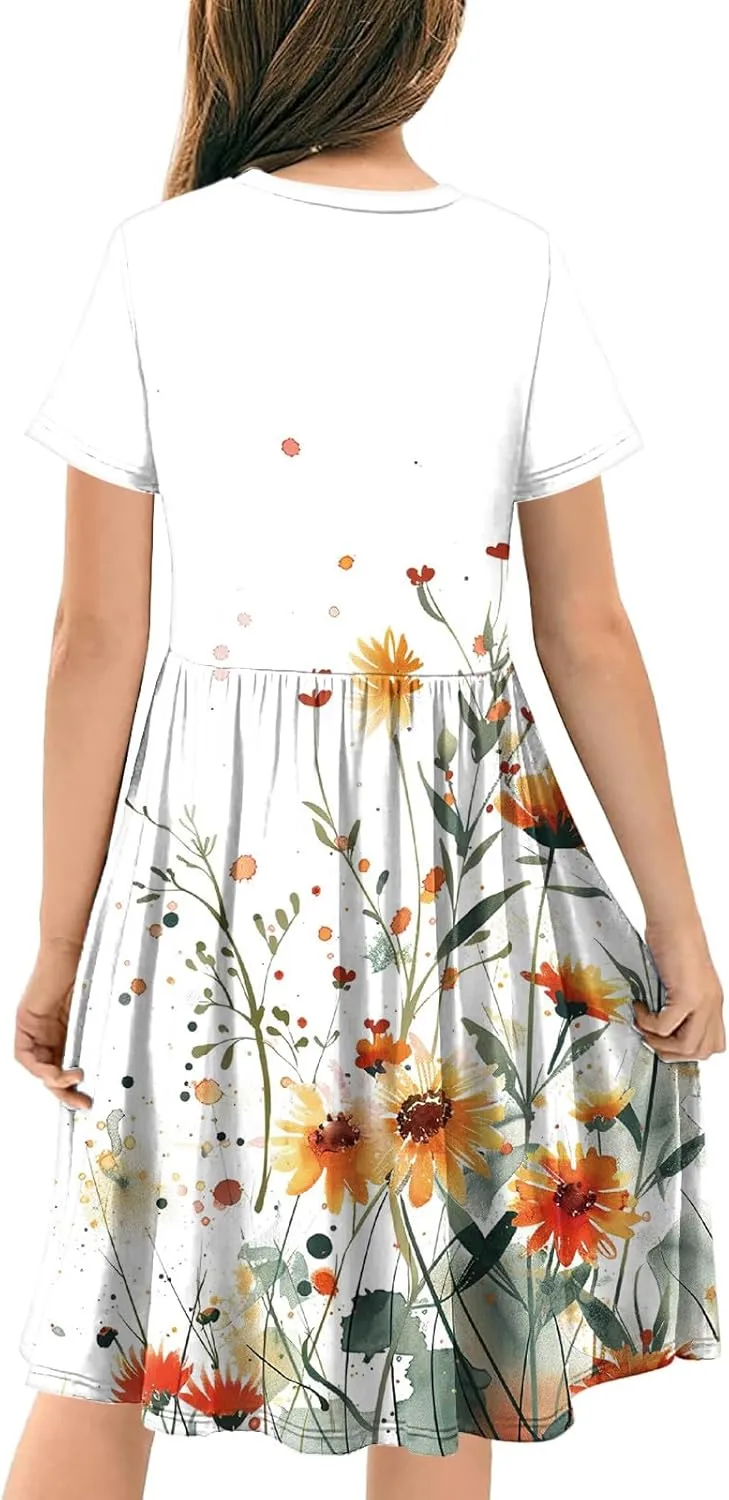 Girls Short Sleeve Dresses Casual Summer Floral Printed Dresses for Party Ruffle Hem a-Line Swing Sundress 4-14 Years