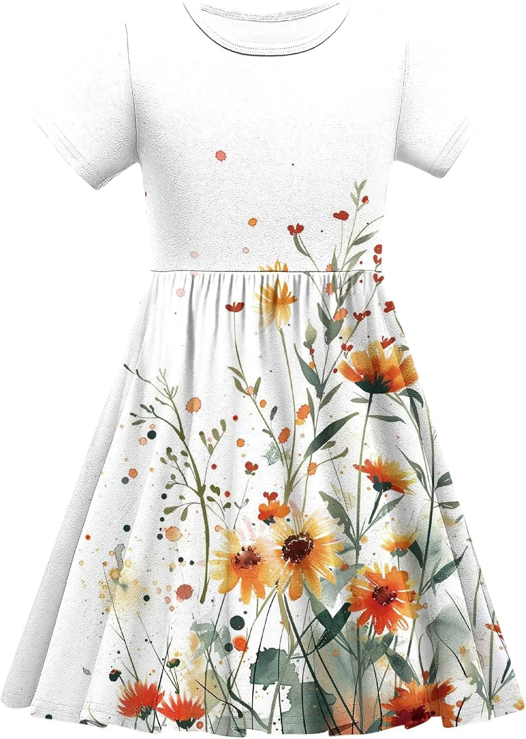 Girls Short Sleeve Dresses Casual Summer Floral Printed Dresses for Party Ruffle Hem a-Line Swing Sundress 4-14 Years