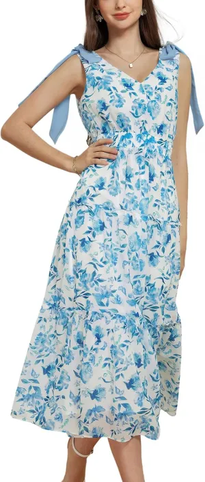 GRACE KARIN Floral Dress for Women Summer Casual Flowy Long V Neck Sundress Sleeveless Tiered Beach Wedding Guest Dress Bow