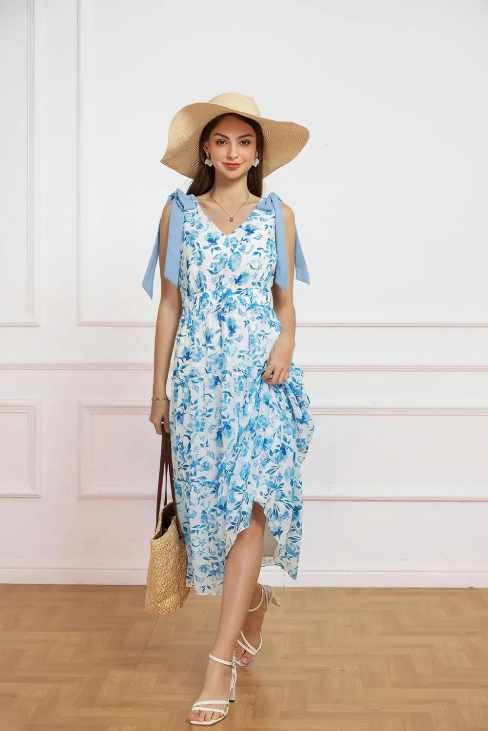 GRACE KARIN Floral Dress for Women Summer Casual Flowy Long V Neck Sundress Sleeveless Tiered Beach Wedding Guest Dress Bow