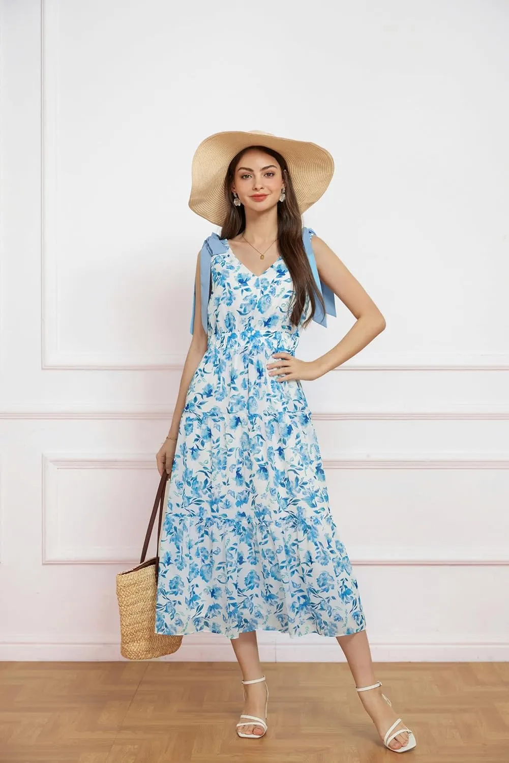GRACE KARIN Floral Dress for Women Summer Casual Flowy Long V Neck Sundress Sleeveless Tiered Beach Wedding Guest Dress Bow