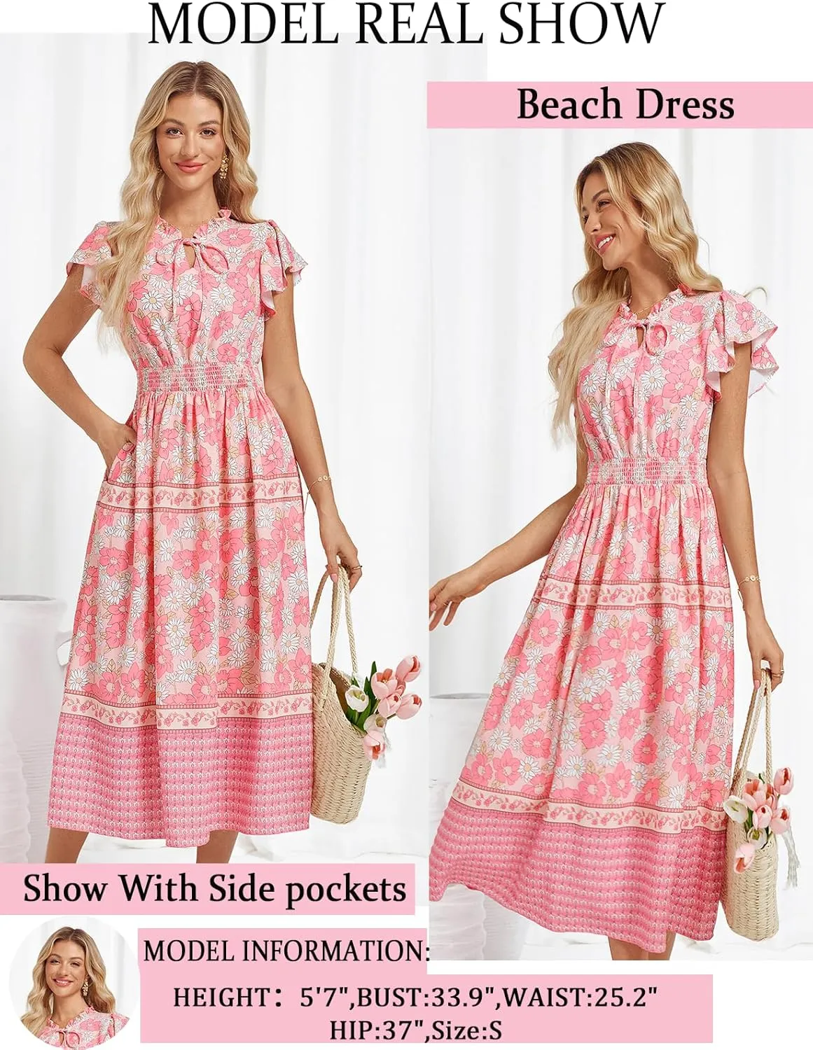 GRACE KARIN Women's Floral Boho Dress Hawaiian Dresse Short Sleeve V Neck Summer Beach Wedding Guest Swing Maxi Sundress