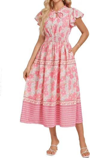 GRACE KARIN Women's Floral Boho Dress Hawaiian Dresse Short Sleeve V Neck Summer Beach Wedding Guest Swing Maxi Sundress