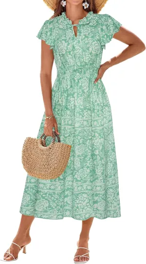GRACE KARIN Women's Floral Boho Dress Hawaiian Dresse Short Sleeve V Neck Summer Beach Wedding Guest Swing Maxi Sundress