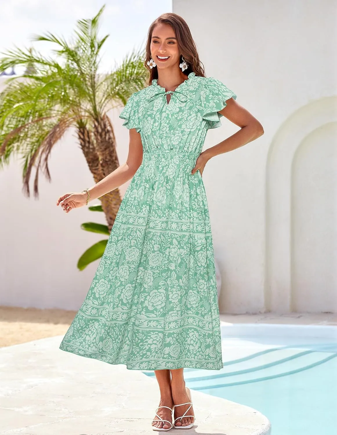 GRACE KARIN Women's Floral Boho Dress Hawaiian Dresse Short Sleeve V Neck Summer Beach Wedding Guest Swing Maxi Sundress