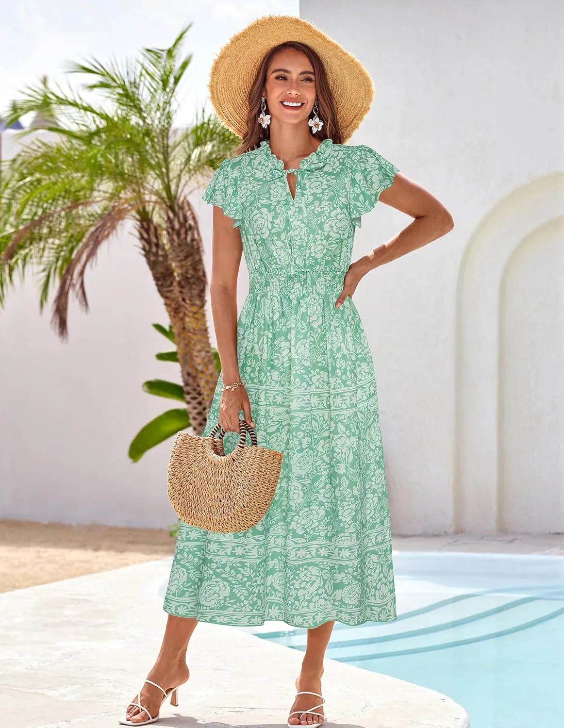GRACE KARIN Women's Floral Boho Dress Hawaiian Dresse Short Sleeve V Neck Summer Beach Wedding Guest Swing Maxi Sundress