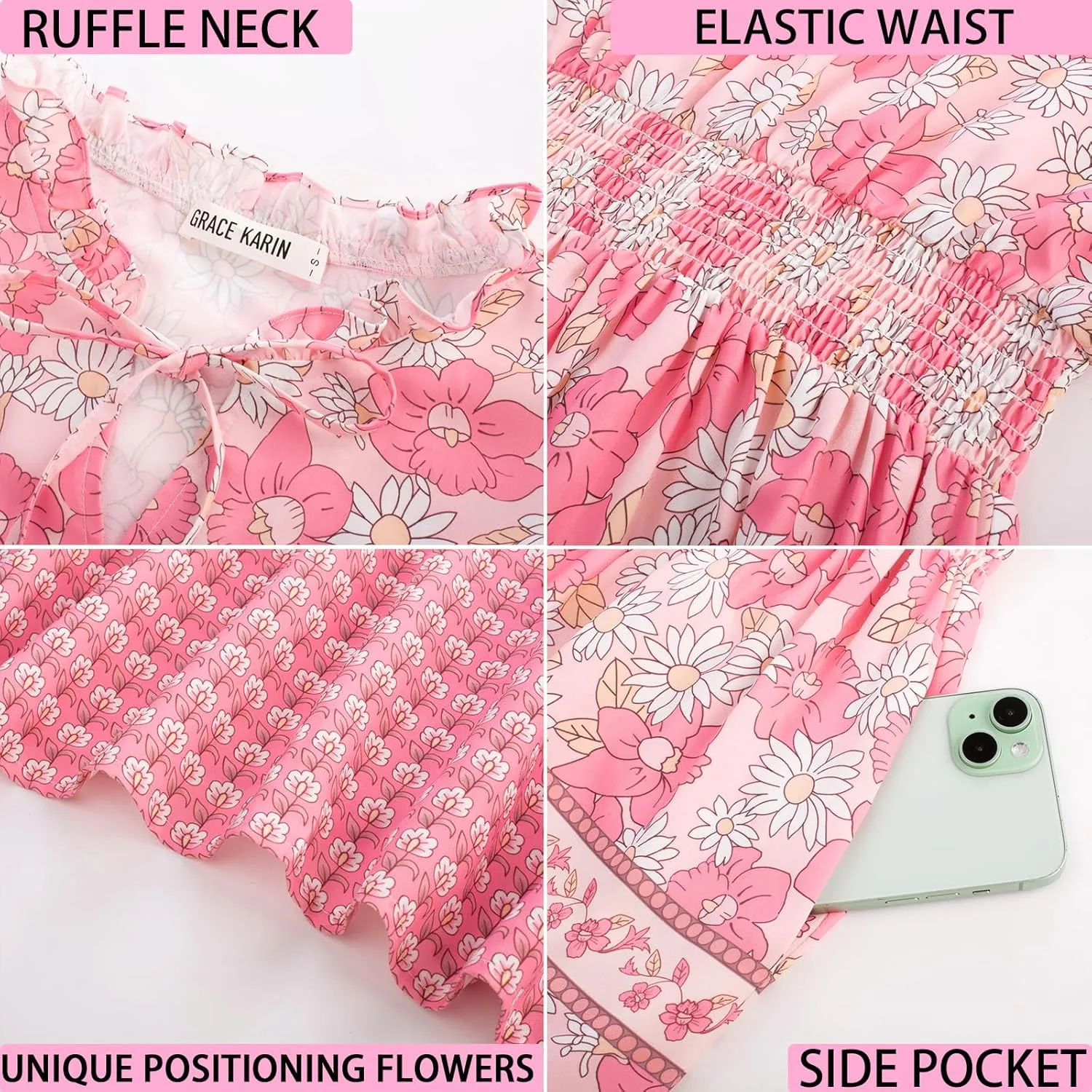 GRACE KARIN Women's Floral Boho Dress Hawaiian Dresse Short Sleeve V Neck Summer Beach Wedding Guest Swing Maxi Sundress
