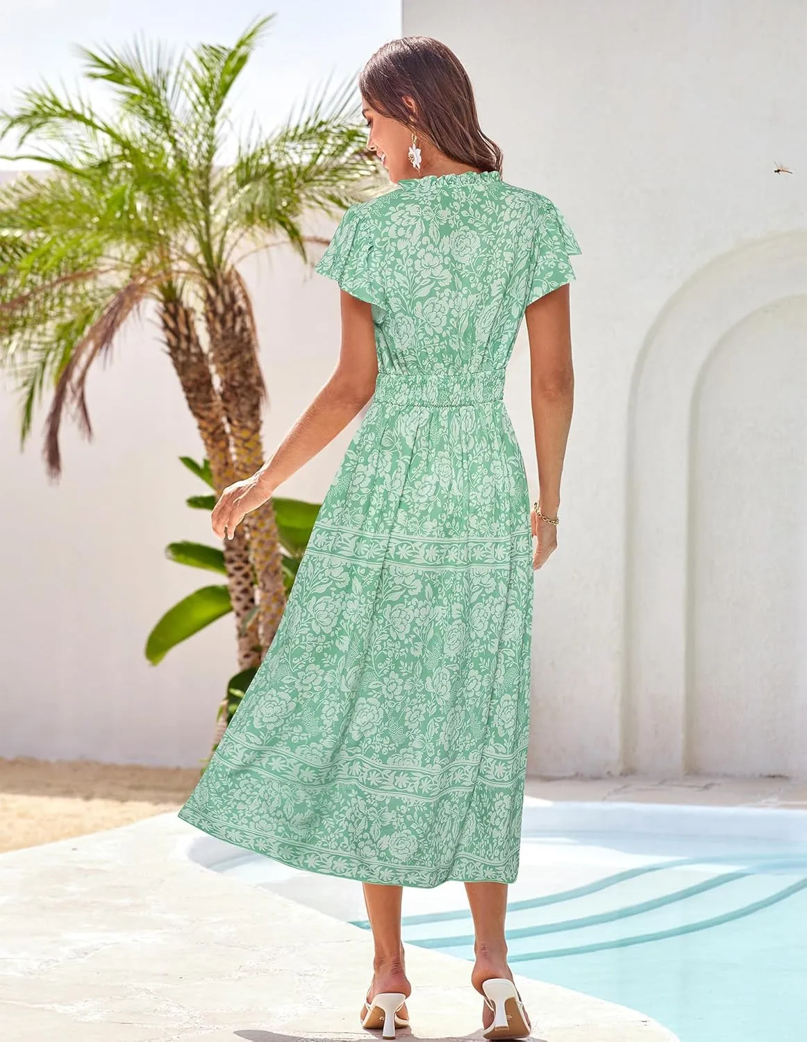 GRACE KARIN Women's Floral Boho Dress Hawaiian Dresse Short Sleeve V Neck Summer Beach Wedding Guest Swing Maxi Sundress