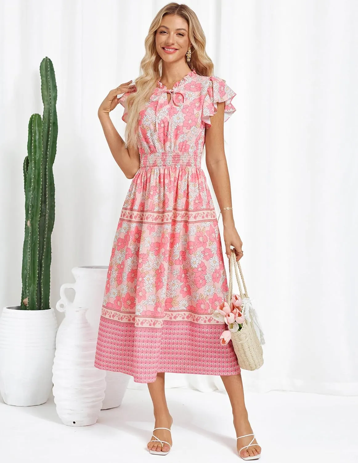 GRACE KARIN Women's Floral Boho Dress Hawaiian Dresse Short Sleeve V Neck Summer Beach Wedding Guest Swing Maxi Sundress
