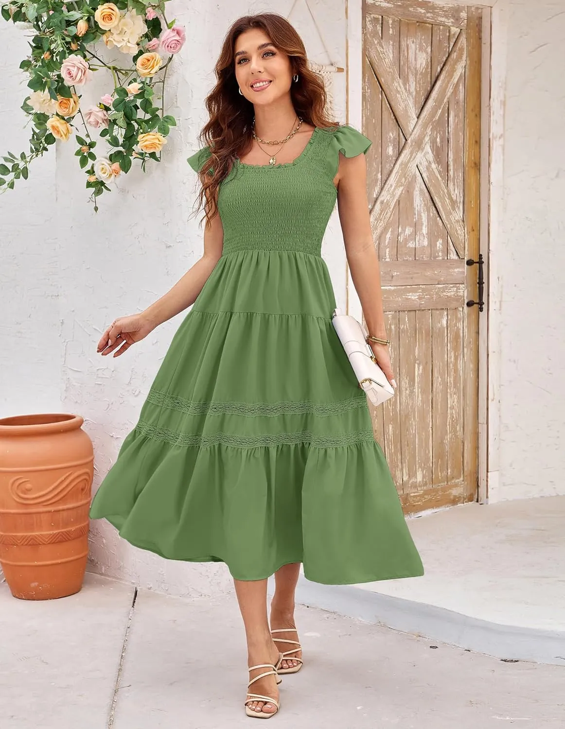 GRACE KARIN Womens Summer Dress Casual 2025 Flutter Sleeve Square Neck Smocked Boho Beach Dresses Tiered Midi Long Sundress