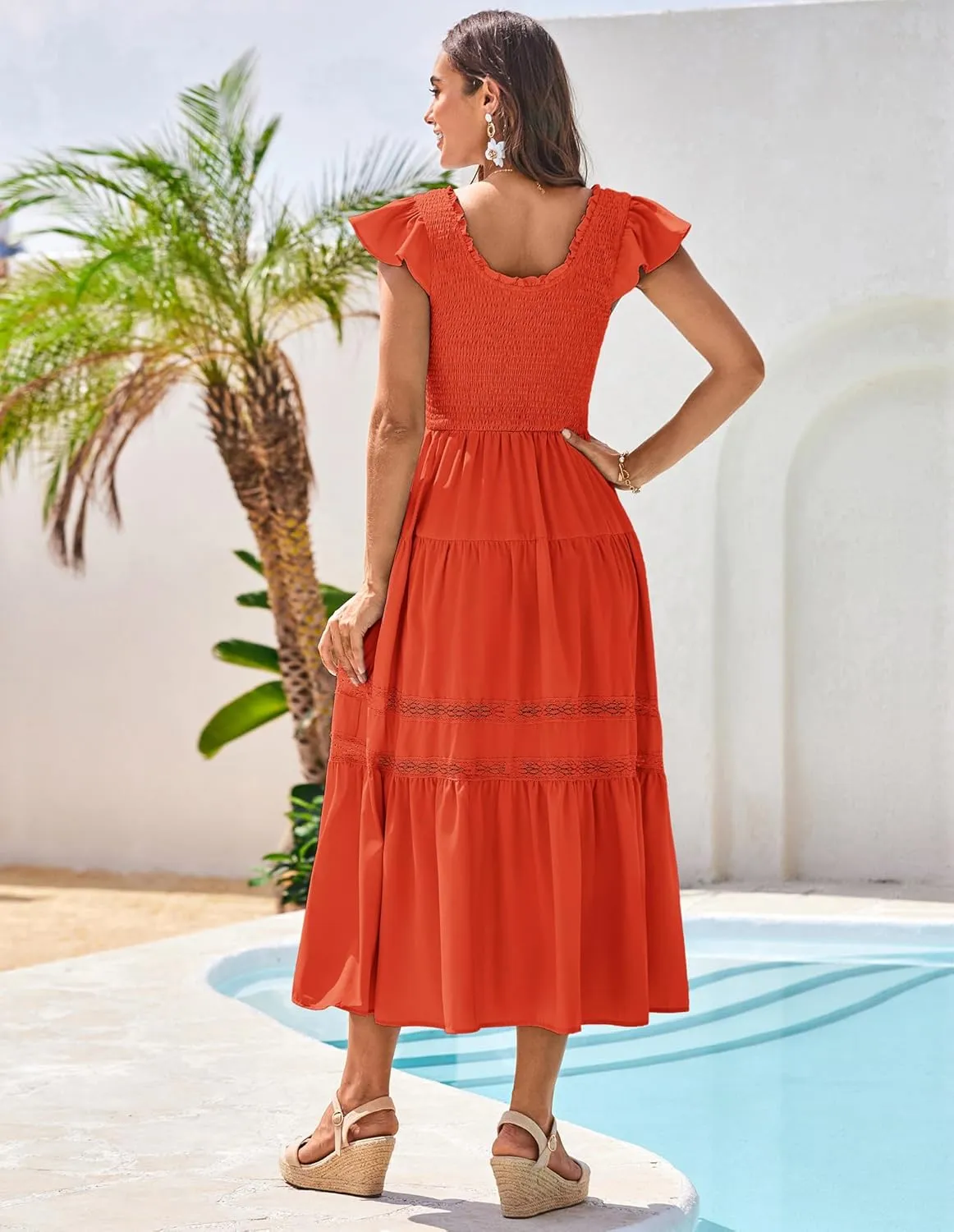 GRACE KARIN Womens Summer Dress Casual 2025 Flutter Sleeve Square Neck Smocked Boho Beach Dresses Tiered Midi Long Sundress