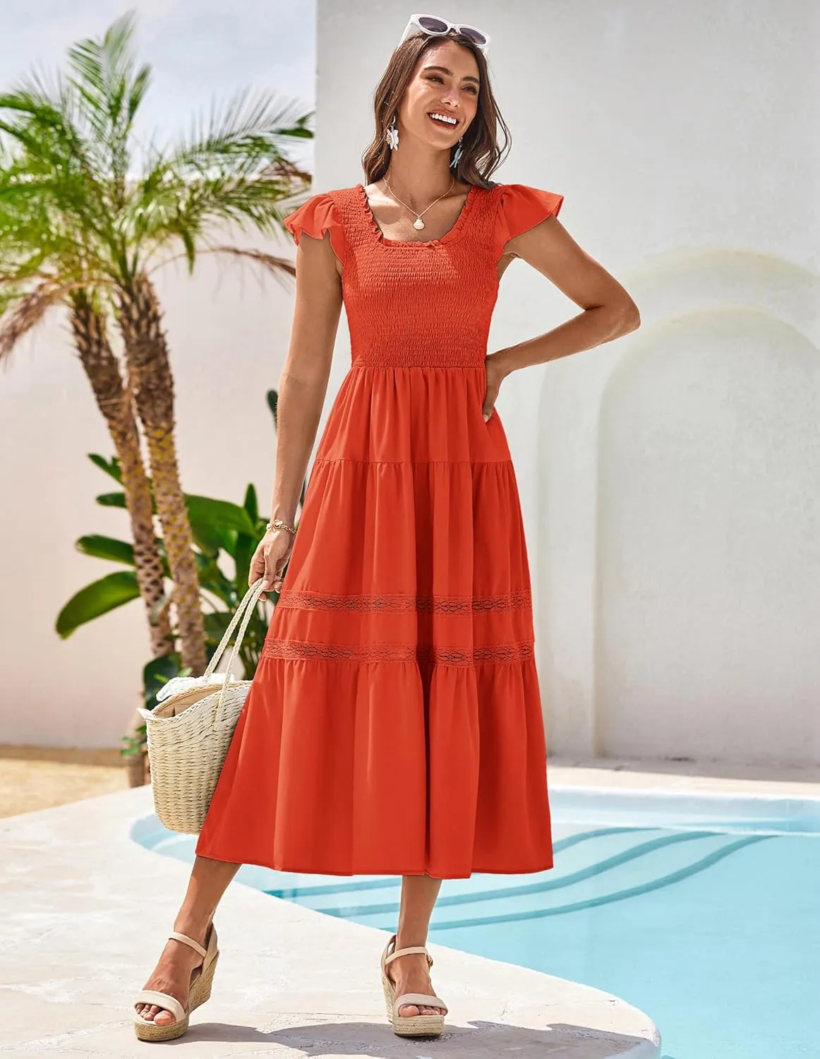 GRACE KARIN Womens Summer Dress Casual 2025 Flutter Sleeve Square Neck Smocked Boho Beach Dresses Tiered Midi Long Sundress