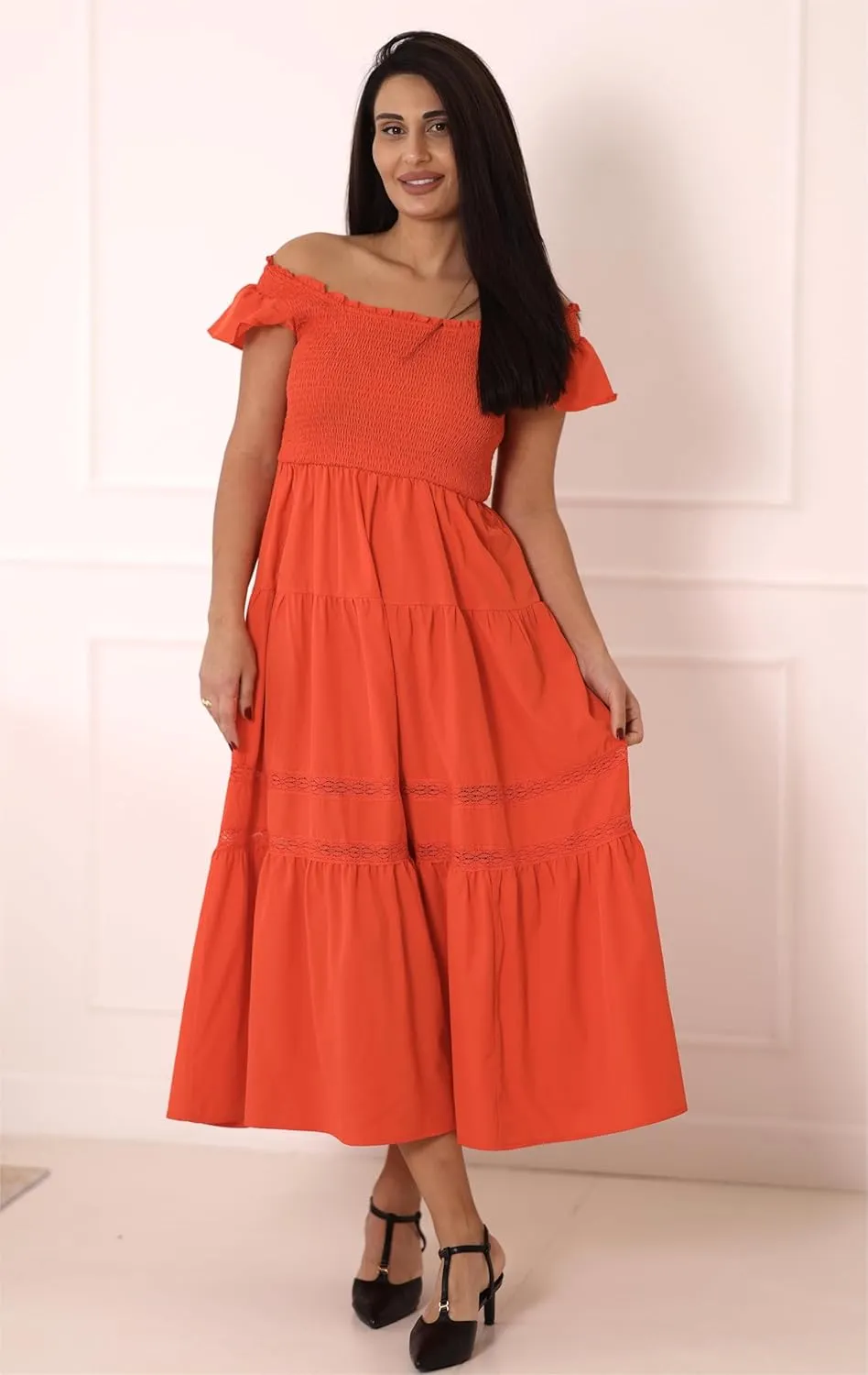 GRACE KARIN Womens Summer Dress Casual 2025 Flutter Sleeve Square Neck Smocked Boho Beach Dresses Tiered Midi Long Sundress