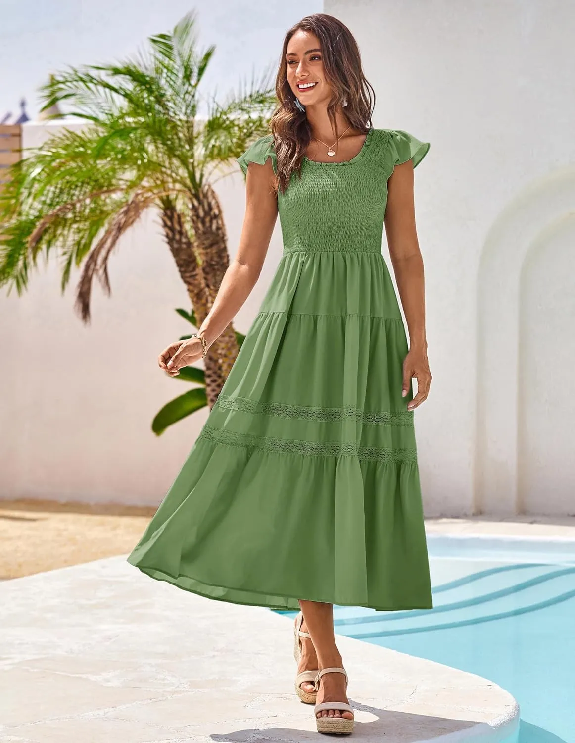 GRACE KARIN Womens Summer Dress Casual 2025 Flutter Sleeve Square Neck Smocked Boho Beach Dresses Tiered Midi Long Sundress
