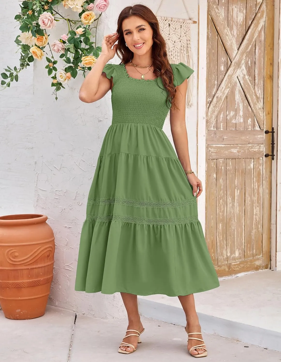 GRACE KARIN Womens Summer Dress Casual 2025 Flutter Sleeve Square Neck Smocked Boho Beach Dresses Tiered Midi Long Sundress