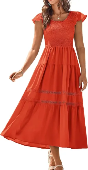 GRACE KARIN Womens Summer Dress Casual 2025 Flutter Sleeve Square Neck Smocked Boho Beach Dresses Tiered Midi Long Sundress